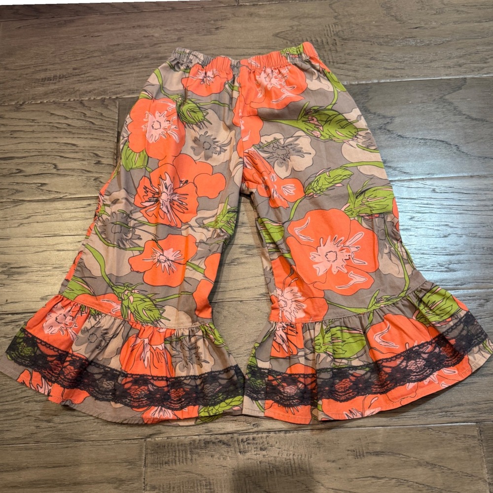 Matilda Jane Girls Pants Size 4 Floral Ruffle Bottoms Gray Orange Green - Picture 8 of 9